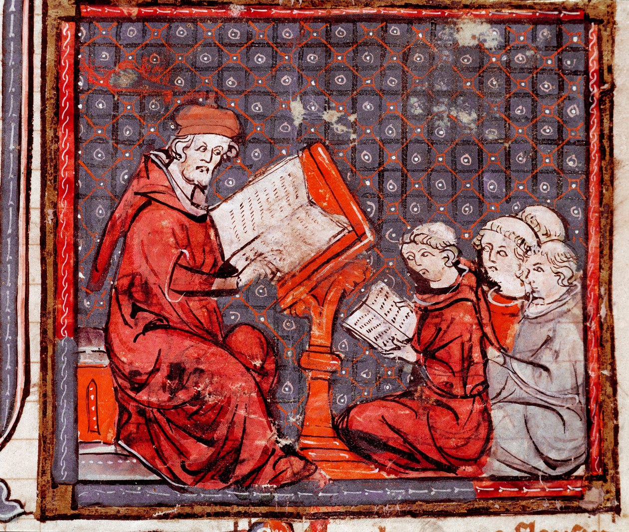 Keskiaika: "" Filosofian luokka, opettaja ja hänen oppilaansa""" Miniatyyri otettu "" Grandes Chronicles de Francesta"" 1375-1379 Kaupunginkirjasto, Castres tekijältä Unknown artist
