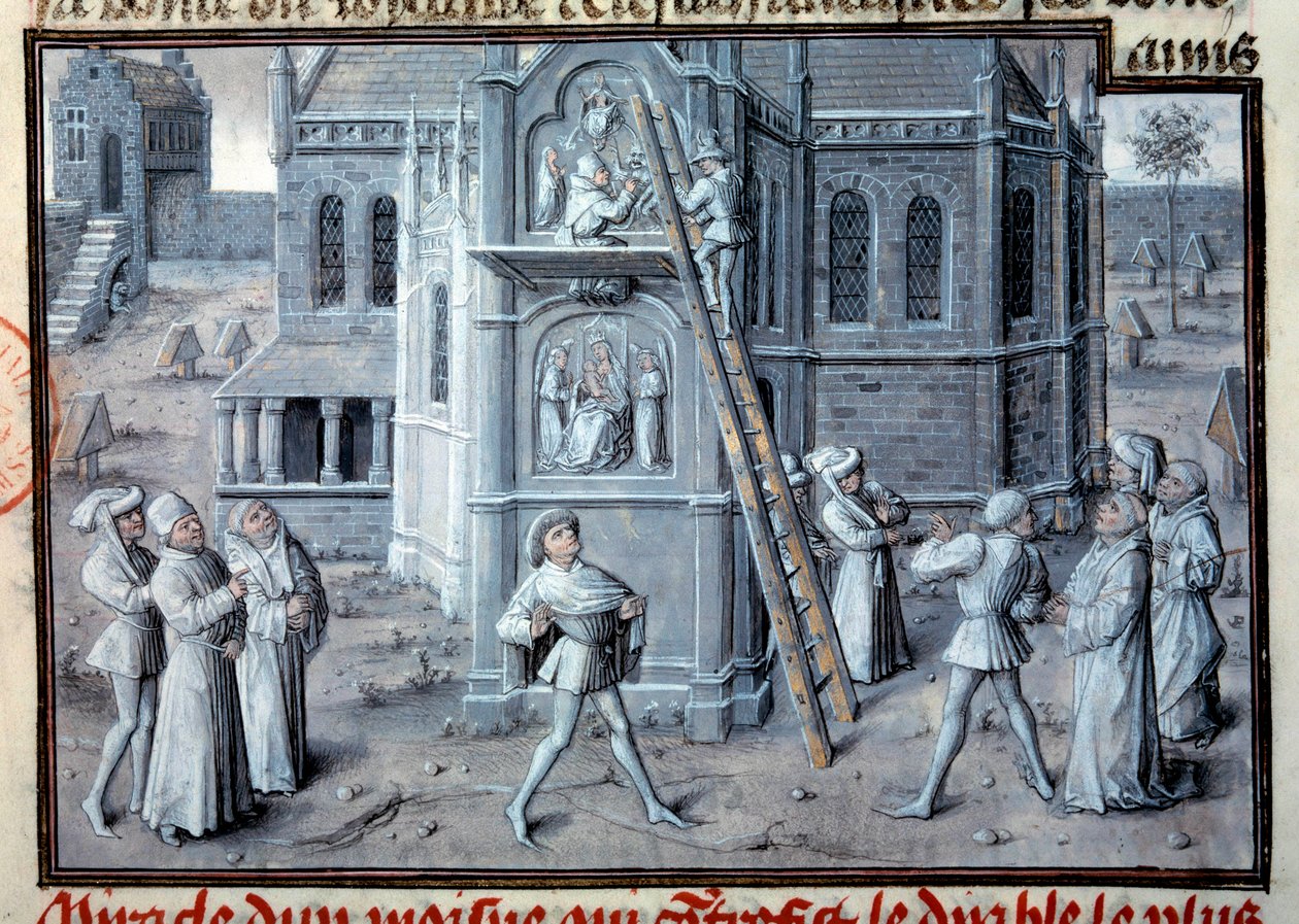 Keskiaika: goottilaisten katedraalien rakentaminen. Kuvanveistäjät työskentelevät kohokuvioiden kanssa mittakaavassa. Miniatyyri käsikirjoituksesta. 1400-luvun Pariisi, B.N. tekijältä Unknown artist