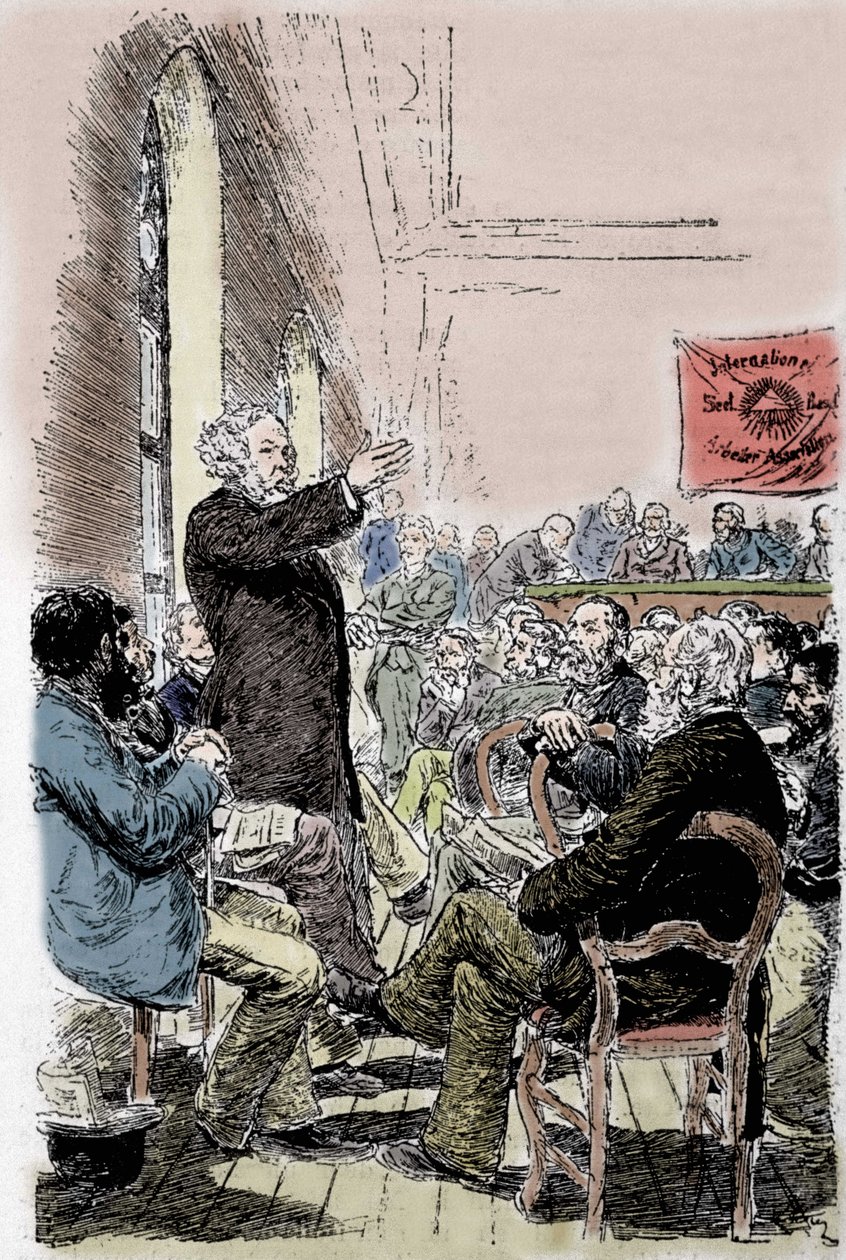 Mihail Aleksandrovich Bakunin (Bakunin) (1814-1876), venäläinen anarkisti Balen kongressissa Sveitsissä syyskuussa 1869. tekijältä Unknown artist