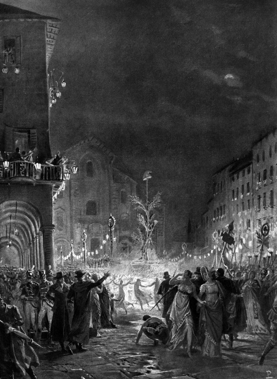Milanolainen väkijoukko ilossa Vapaudenpuun ympärillä, symbolin voitosta vanhasta järjestelmästä, 05/1796. Kaiverrus 1800-luvulta tekijältä Unknown artist