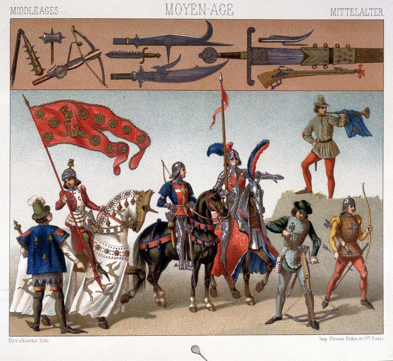 Sotilasasut keskiajalla vuosina 1439-1450. A. Racquetin teoksessa "Historiallinen puku" tekijältä Unknown artist