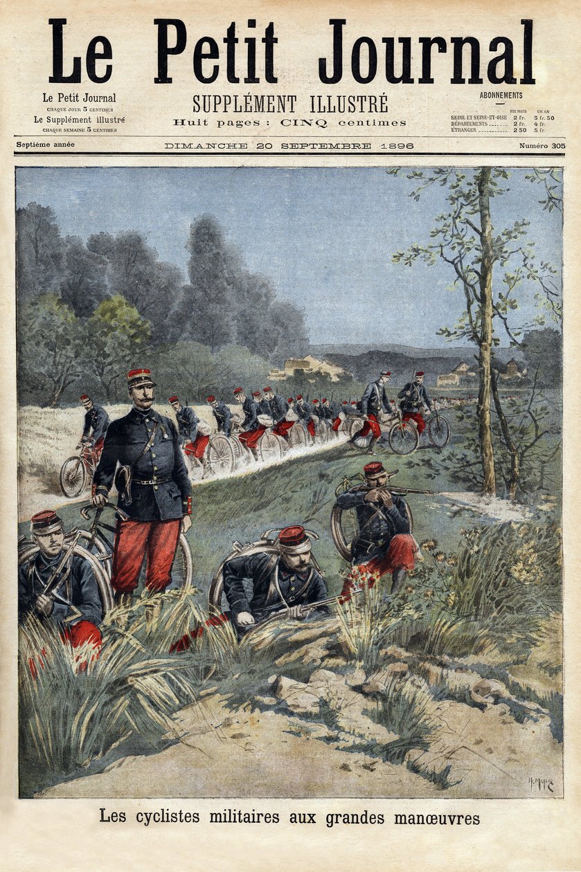 Armeijan pyöräilijät suurilla liikkeillä. Kaiverrus "" Le petit Journal" -lehdessä 20.9.1896. Selvan kokoelma. tekijältä Unknown artist