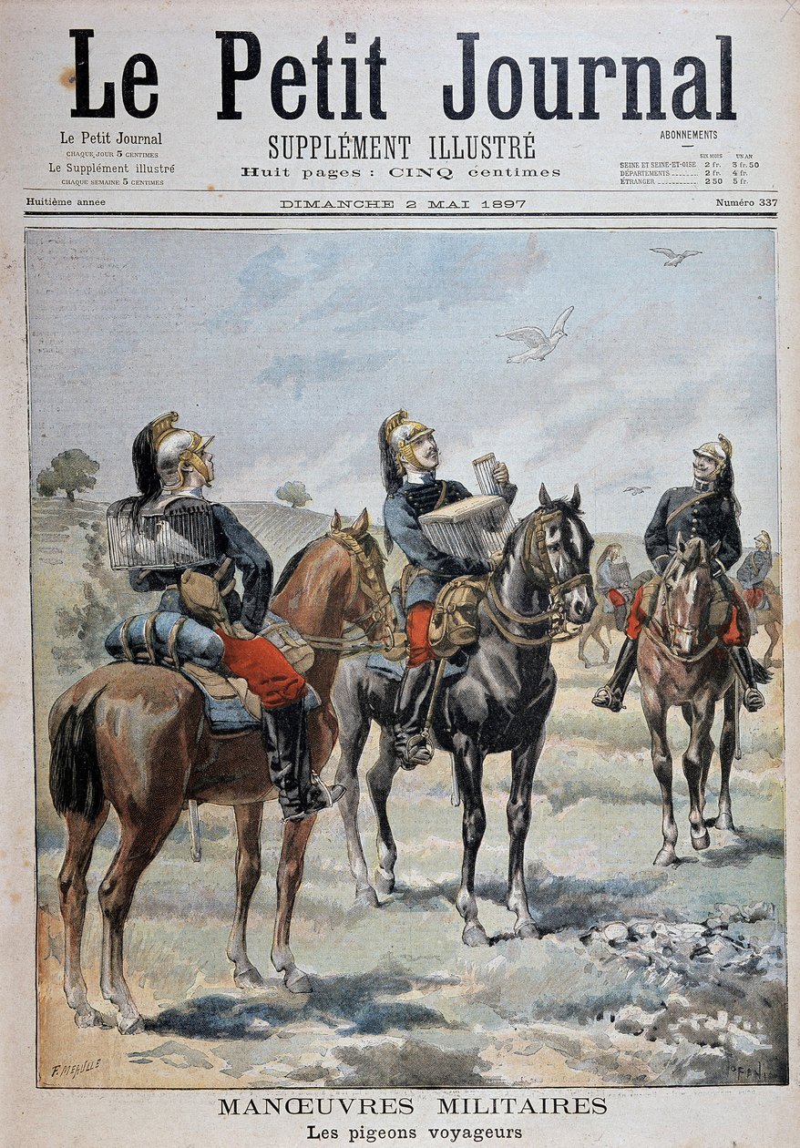 Sotilasliikkeet: matkustajakyyhkyset - "" Le Petity Journal" -lehdessä, 2.5.1897 tekijältä Unknown artist