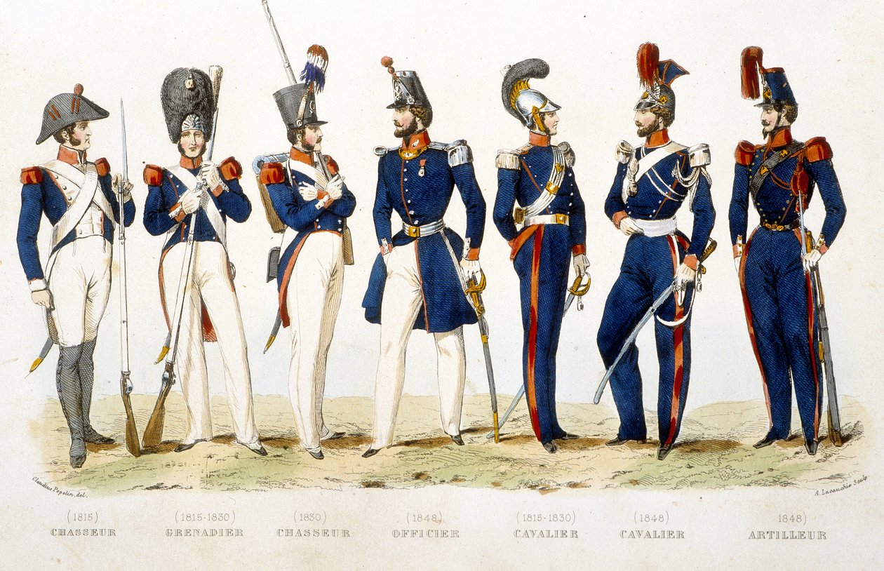 Sotilaallinen univormu: metsästäjä (1815), kranaatieri (1815 - 1830), metsästäjä (1830), upseeri (1848), ratsumies (1815 - 1830), ratsastaja (1848), ampuja (1848) - "Fasttes de Gardes nationales de Francessa" ” tekijältä Unknown artist