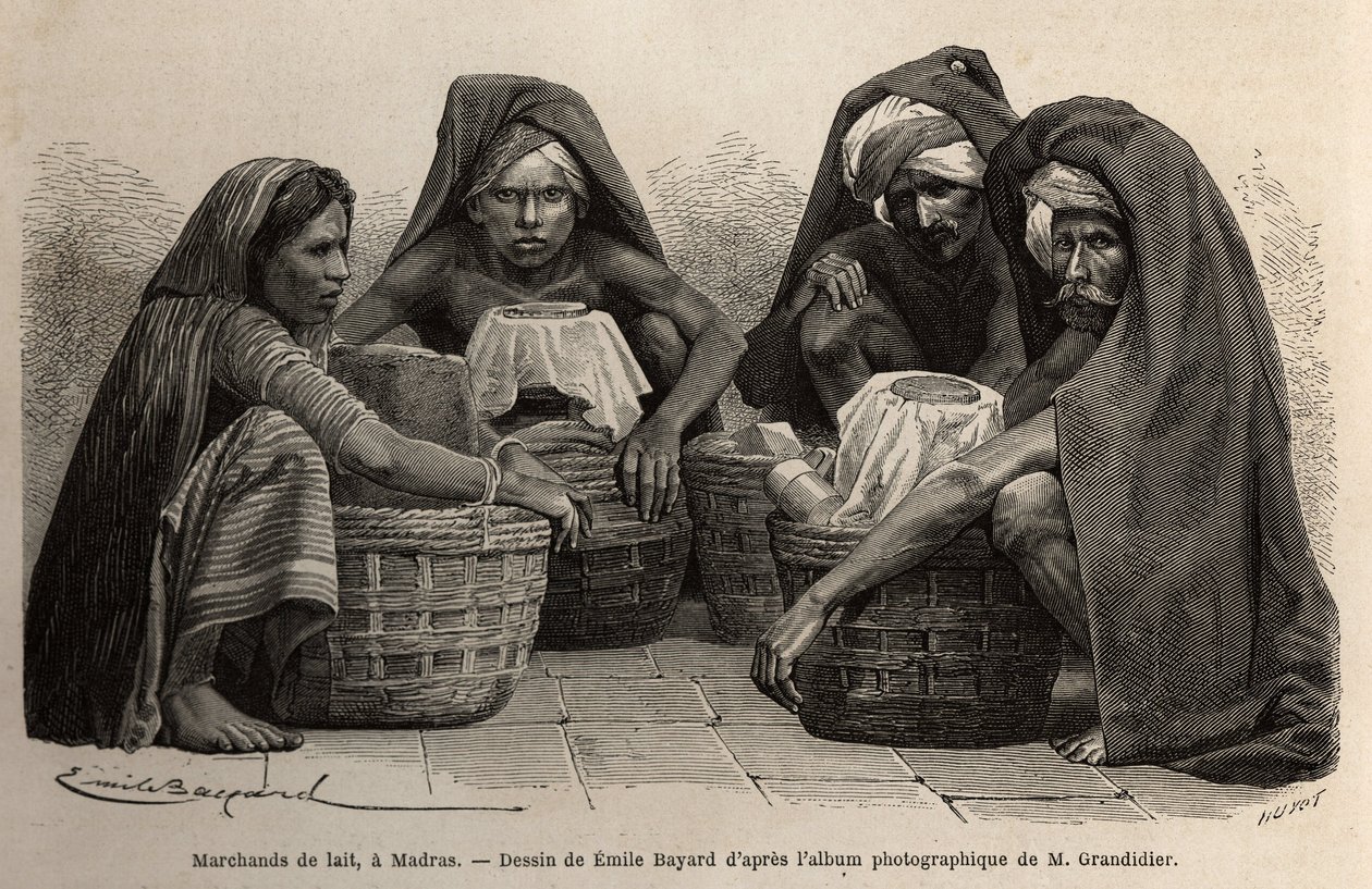 Maitokauppiaita Madrasin kaduilla (nykyinen Chennai, Tamil Nadu). Alfred Grandidierin kaiverrus havainnollistamaan matkaa Intian meridionaalisissa provinsseissa vuosina 1862-1864, julkaistu "" le tour du monde" -lehdessä, D