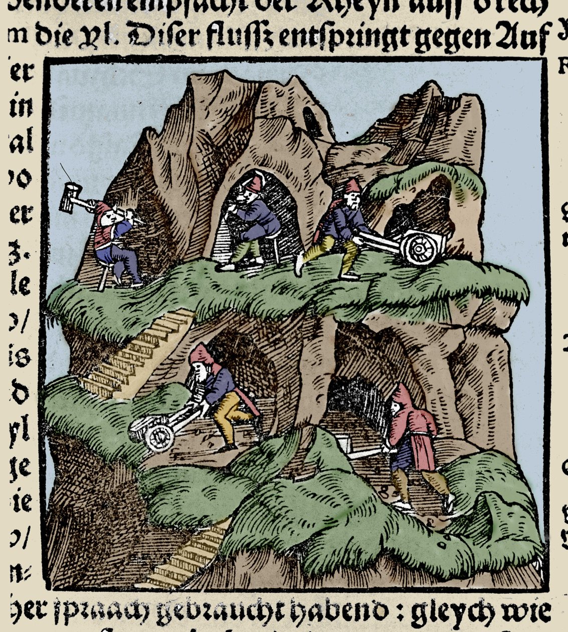 Kaivokset 1400-luvulla. Kaiverrus Johann Stumpffin teoksesta Den Edlen Strength Besten Fromen. 1600-luvun alussa. tekijältä Unknown artist