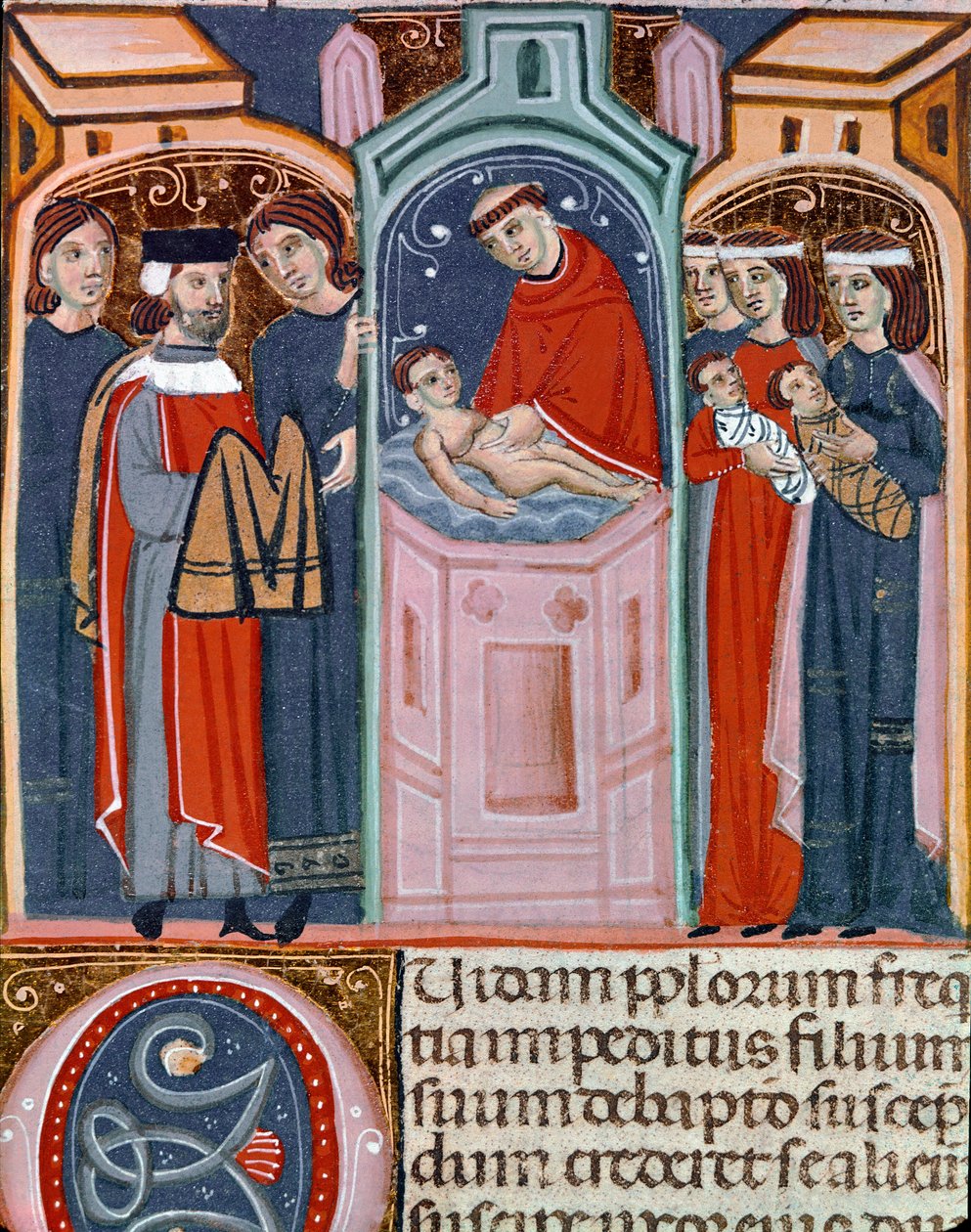Miniatyyri kastekohtaus otettu Justinianus-koodista (Codex Justinianus), kokoelma lakeja ja instituutioita, jotka julkaistiin Bysantin keisarin Justinianus I:n (483-565) alaisuudessa tekijältä Unknown artist
