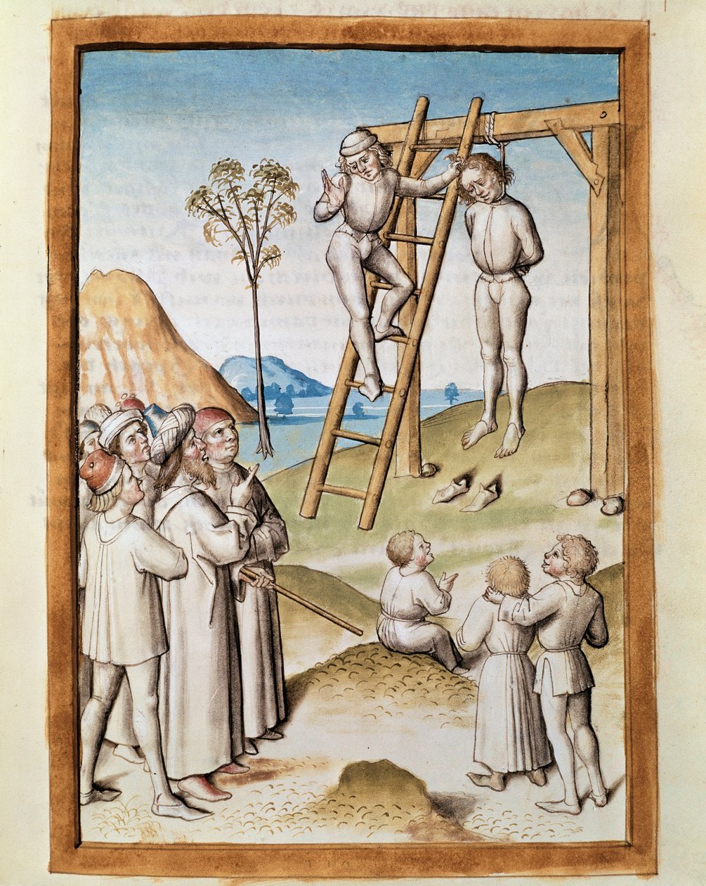 Miniatyyri roikkuu kohtaus otettu saksankielisestä käännöksestä Bidpain "Kalila (Calila) ja Dimna" -taruista. (ms. 1389, fol. 117) noin 1480 Chantilly, museo Conde tekijältä Unknown artist