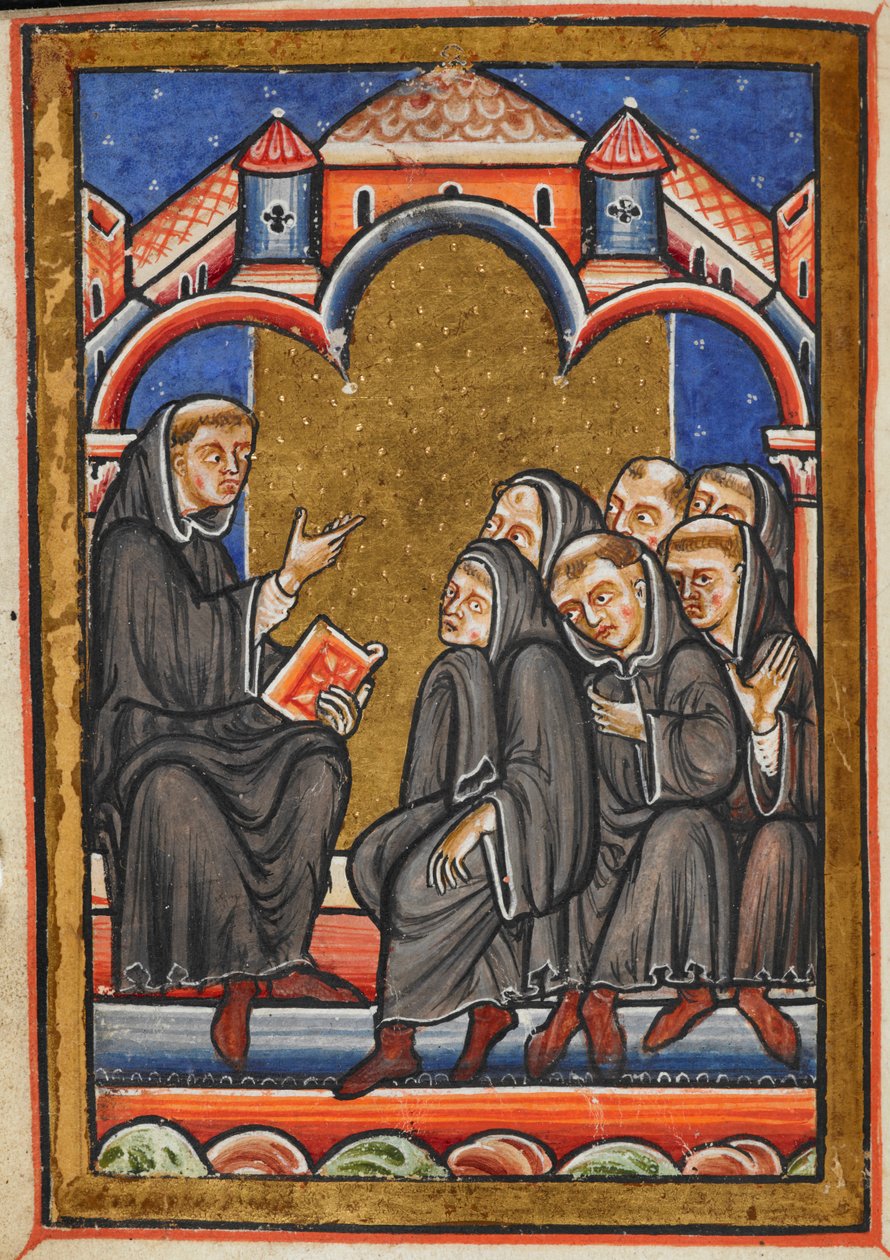 Miniatura de Cuthbert ensinando os monges no mosteiro de Lindisfarne, do capítulo 16 da prosa de Bede, Life of St Cuthbert.finnish tekijältä Unknown artist