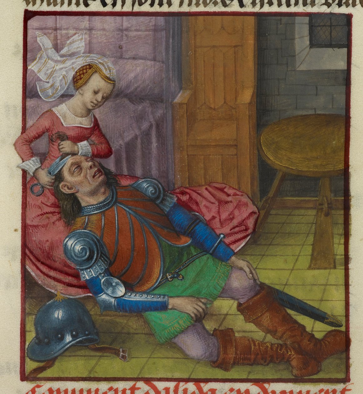 Pienoiskuva Delilasta leikkaamassa Simsonin hiuksia Le Roman de la Rosesta tekijältä Unknown artist