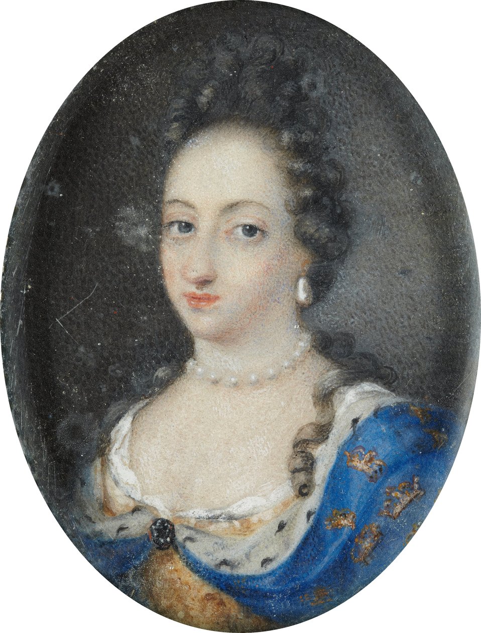 Ruotsin kuningatar Ulrika Eleonoran vanhimman pienoismalli, n. 1680 (guassi pergamentilla) tekijältä Unknown artist