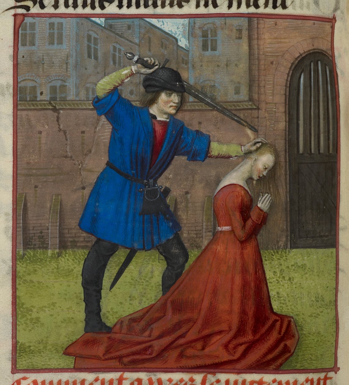 Miniatyyri Virginiuksesta, joka mestaa tyttärensä Virginian pään Le Roman de la Rosesta tekijältä Unknown artist