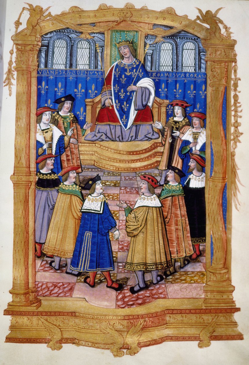 Pienoiskuva 1400- tai 1500-luvulta, joka kuvaa Ludvig XI:tä (1423-1483) ja Pyhän Mikaelin ritarikunnan ritareita. tekijältä Unknown artist