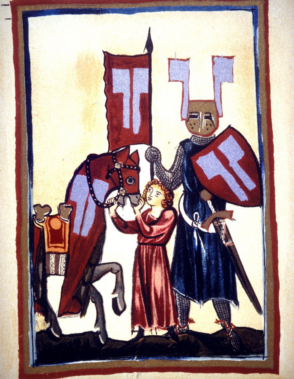Miniatyyri Codex "Manesse" tai "Manessesche Liederhandschrift", joka on käsikirjoitus, joka tehtiin Alsacessa vuosina 1300-1330 merkittävää Zürichiä varten. Edustus Wolfram von Eschenbachista, saksalaisesta runoilijasta, joka kirjoitti romaanin "Parzival"  tekijältä Unknown artist