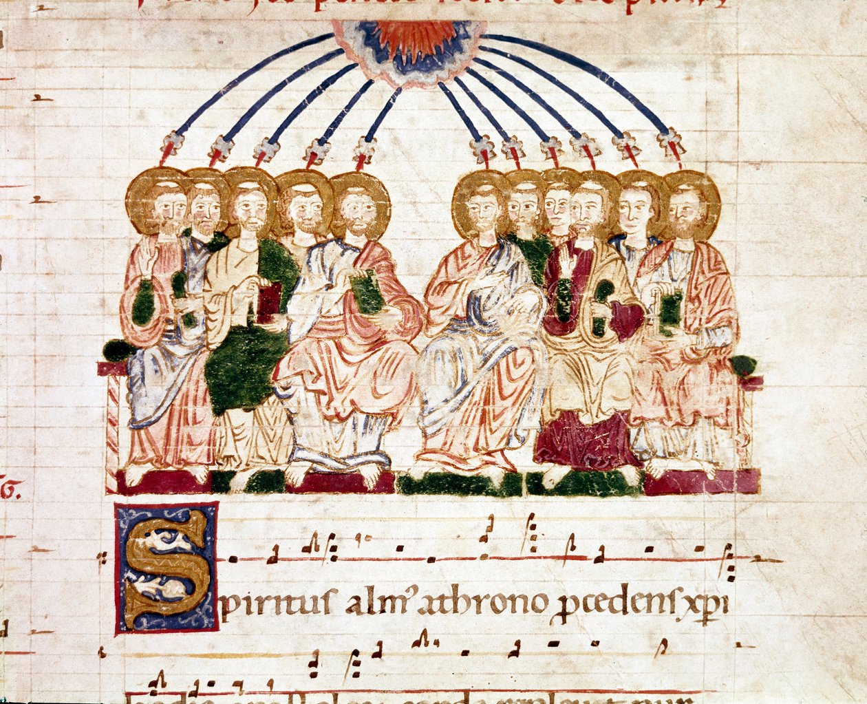 Miniatyyri helluntai asteittaisesta antifonaarista (tropair) (ms. 65) 1100-luvun Plaisance, Biblioteca Capitolare tekijältä Unknown artist