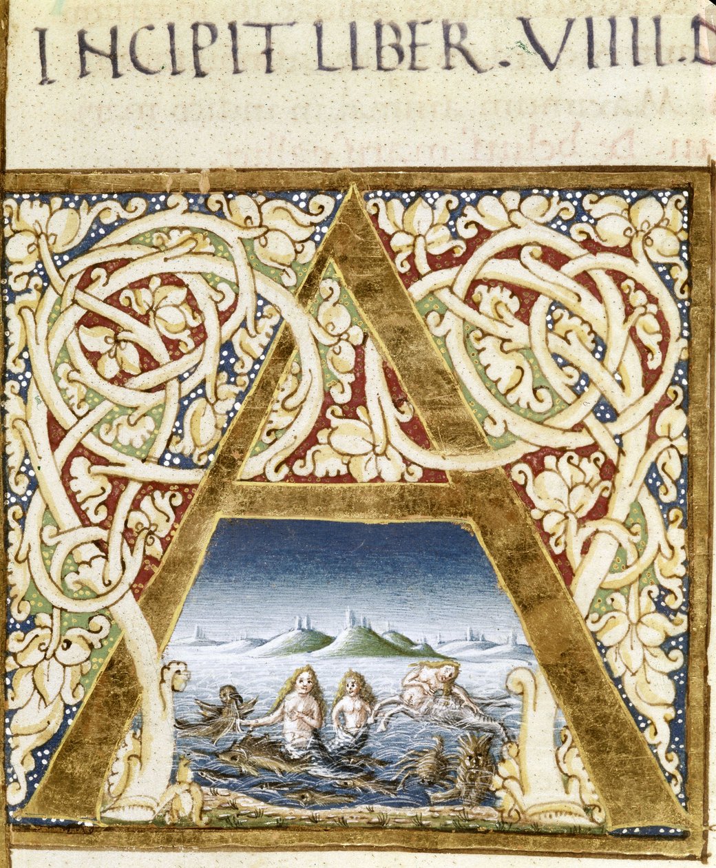 Pienoismalli edustaa sireenejä. Kirjain "" A"" - teoksessa "" Naturalis Historiae"" Plinius Vanhin (23 - 79), toim. 1480. Victoria & Albert -kirjasto tekijältä Unknown artist