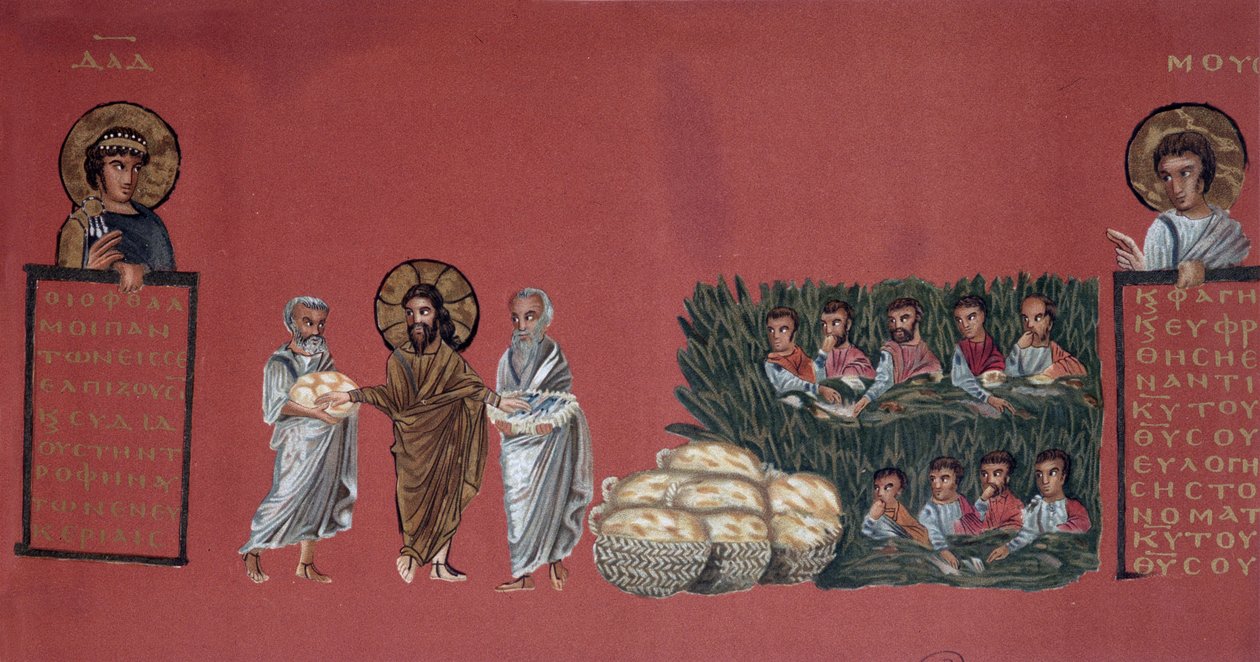 Leipien lisääntymisen ihme - kohtaus Pyhän Matteuksen evankeliumista - Kreikkalaisen käsikirjoituksen kromolitografia (n. 600) Kansalliskirjastosta tekijältä Unknown artist