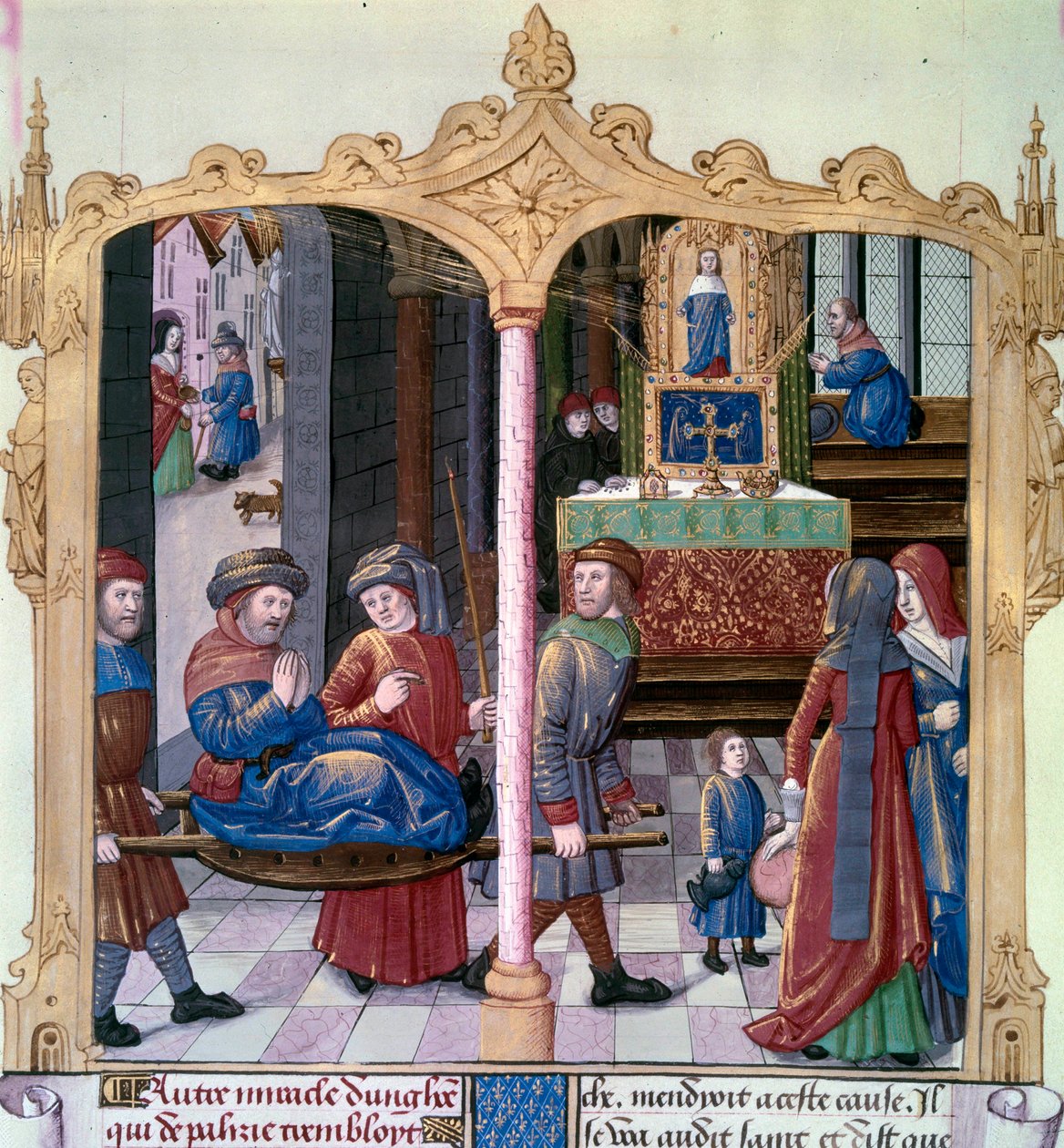 Pyhän Louisin ihmeet: Kuningas Ludvig IX (1214-1270) taisteli halvaantuneena. Miniatyyri käsikirjoituksesta ”Tosiasioiden kirja Monsignor Saint Louis” 1400-luku. Paris, B.N tekijältä Unknown artist