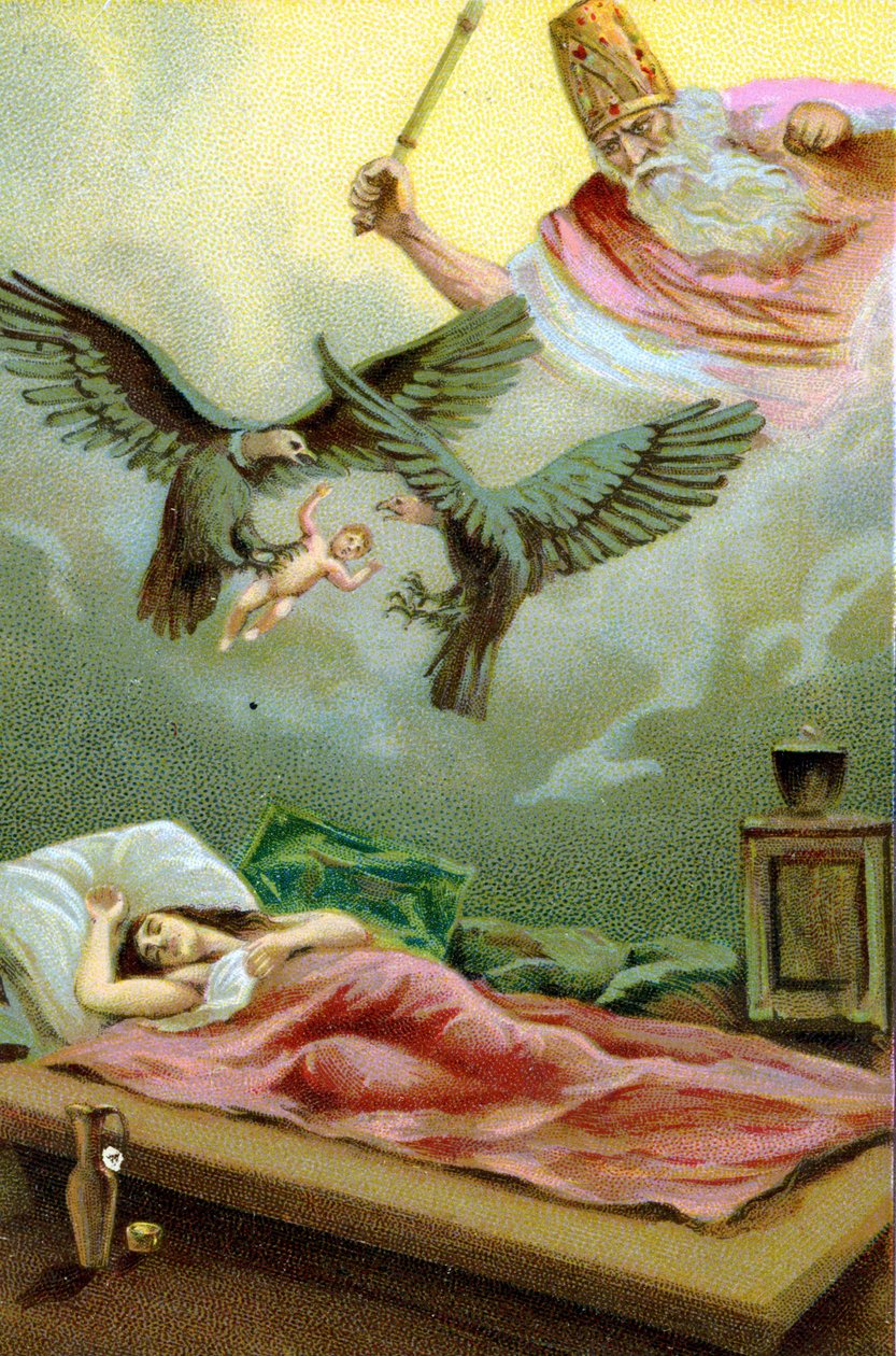 Zarathustra (Zarathustra, Zarathushtra, Zarathustra tai Zoroastrian), iranilainen profeetta ja uskonnollinen uudistaja (6. vuosisadalla eKr.) ihmeellinen syntymä. kromolitografia 1800-luvulta. tekijältä Unknown artist
