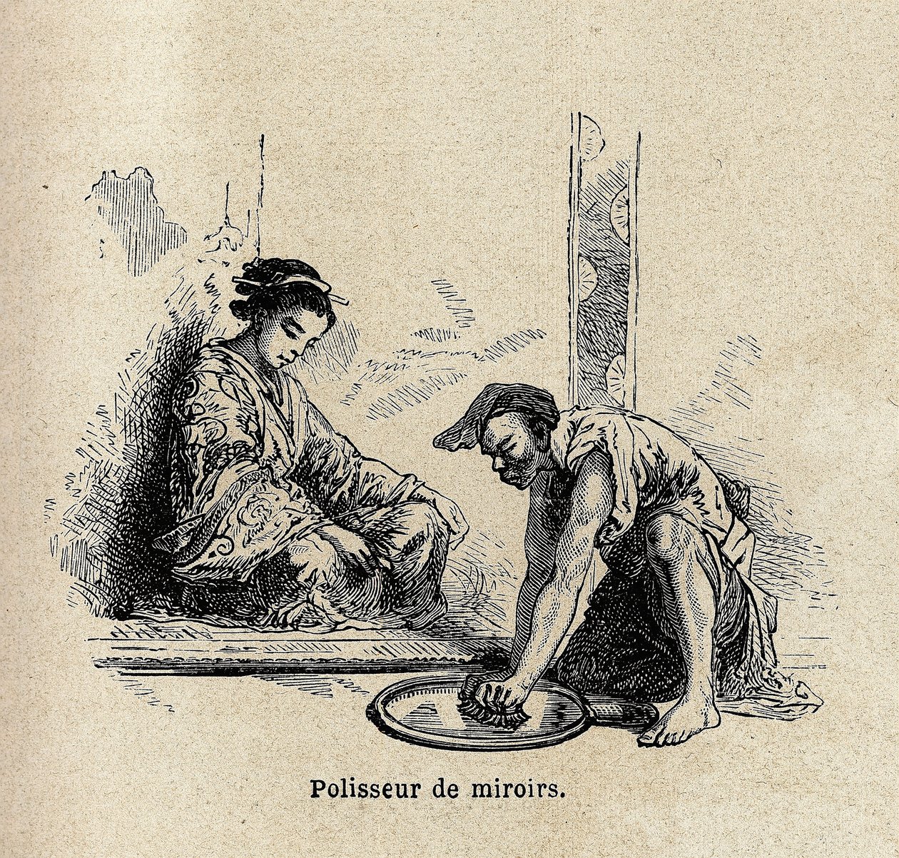 Peilin kiillotuskone. Kaiverrus havainnollistamaan matkaa Japaniin vuosina 1863-1864, Sveitsin valaliiton ministeri Aime Humbert, "Le tour du monde, nouveau journal des voyages", julkaistu Edouard Chartonin johdolla. tekijältä Unknown artist