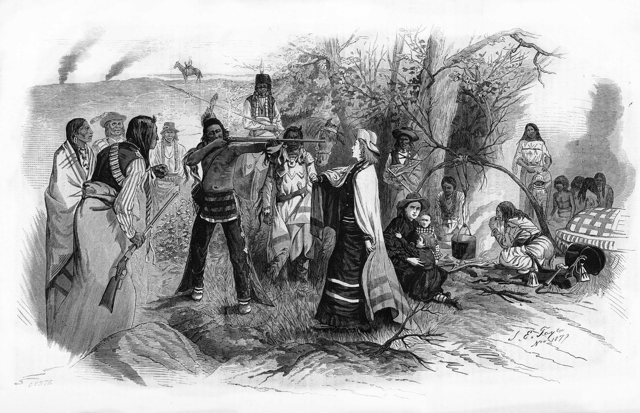 Neiti Josephine Meeker joutui äitinsä kanssa vangiksi Amerikan intiaanikapinoissa vuonna 1880. tekijältä Unknown artist
