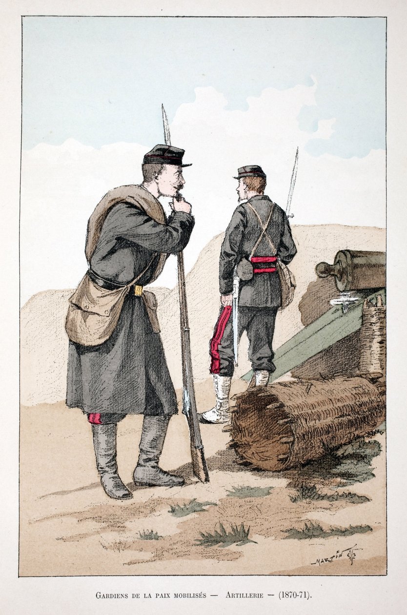 Mobilisoidut rauhanturvaajat (1870-1871). Etsaus väreillä, havainnollistava "" Rauhanturvaajien joukkojen historia"" -kirja, Louis Lepinen (1846-1933) Seinen poliisin prefektin suojeluksessa, Alfred Rey (1864-?) ja Louis Feron. tekijältä Unknown artist