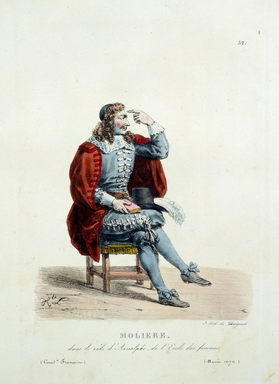 Molieren puku Arnolphen roolissa teoksessa "Naisten koulu" vuonna 1670. Hippolyte Lecomten (1781-1857) ranskalaisen komedian puku. Kaiverrus 1800-luvulta. Coll. Mennään. tekijältä Unknown artist