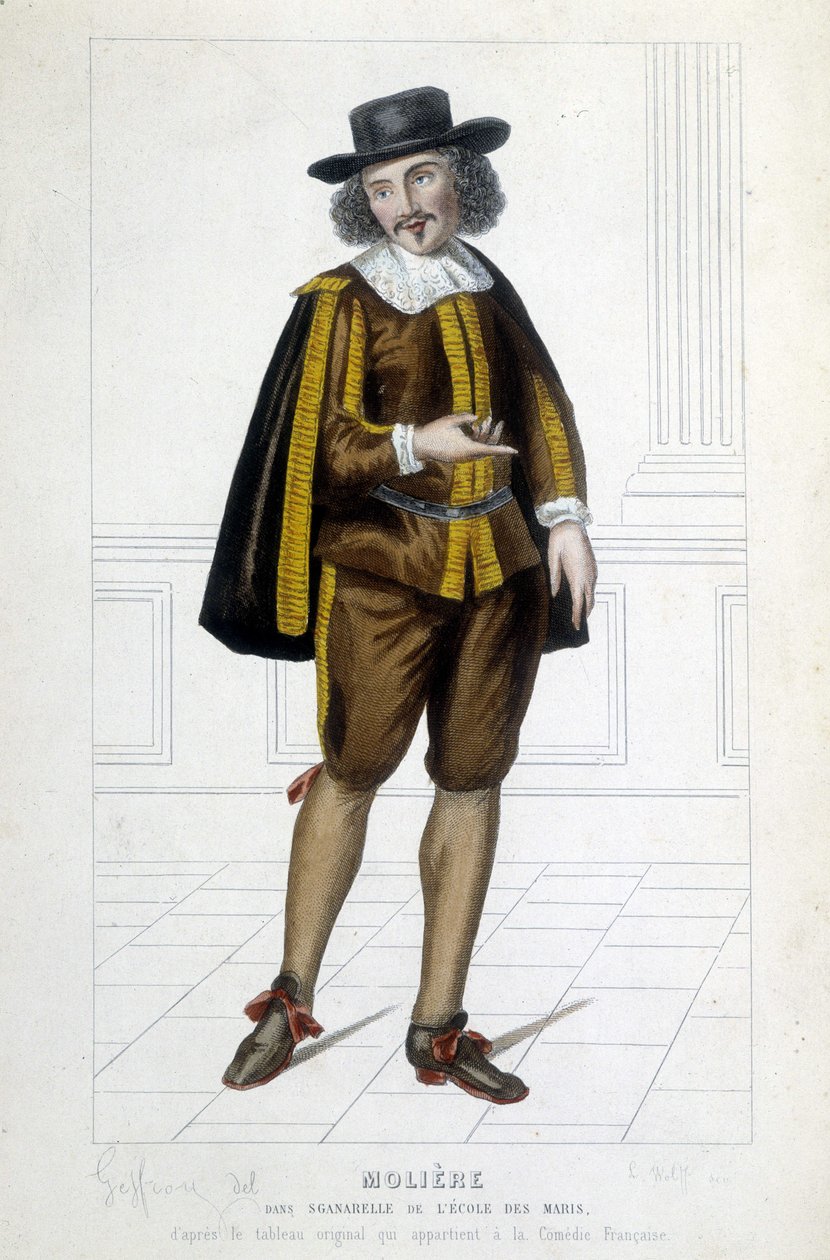 Molière Sganarellen roolissa näytelmässä "Aviomiesten koulu" tekijältä Unknown artist