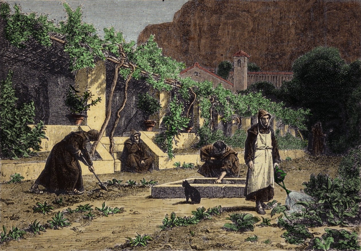 Luostarin kasvimaa: munkit pitävät puutarhaa kasvattaakseen vihanneksia puutarhassaan. Kaiverrus 1800-luvulta tekijältä Unknown artist