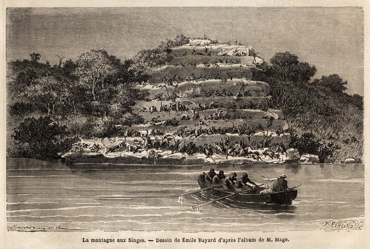 Monkey Mountain, Senegal-joen varrella, pian Gouina Fallsin jälkeen (Mali). Kaiverrus havainnollistamaan tarinaa luutnantti Magen matkasta Länsi-Sudanissa vuosina 1863–1866, julkaistu "Le tour du monde, nouveau journal des voyages" -lehdessä tekijältä Unknown artist