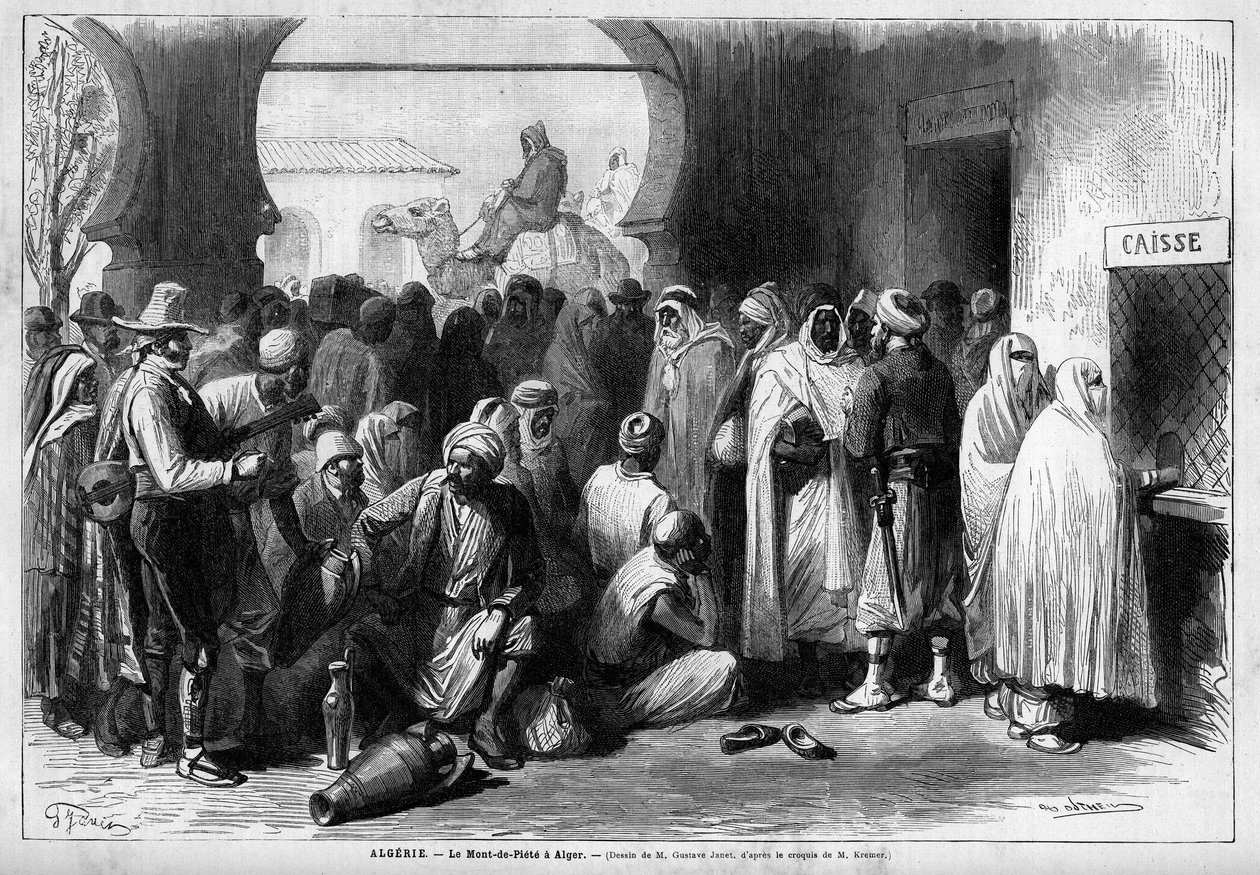 Mont de Piete (Mont-de-Piete) Algerissa, Algeriassa. Kaiverrus "" Le Monde illustrious"" 1883. Yksityinen kokoelma. tekijältä Unknown artist