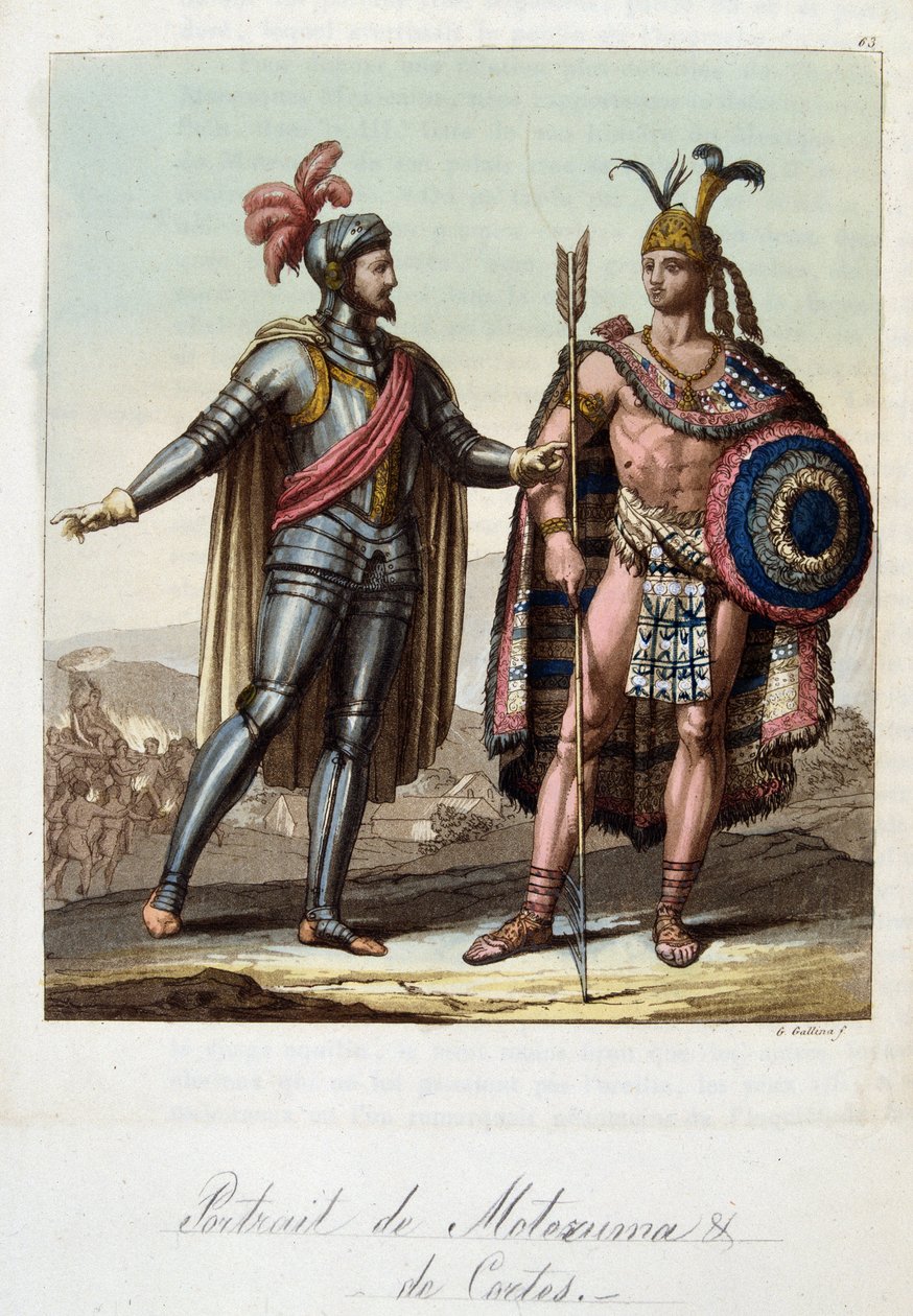 Montezuma II, atsteekkien kuningas ja Hernan (tai Hernando) Cortes tai Fernand Cortez (1485-1547), espanjalainen valloittaja - Ferrarion "" Vanha ja moderni puku" -sarjassa, toim. Milano tekijältä Unknown artist
