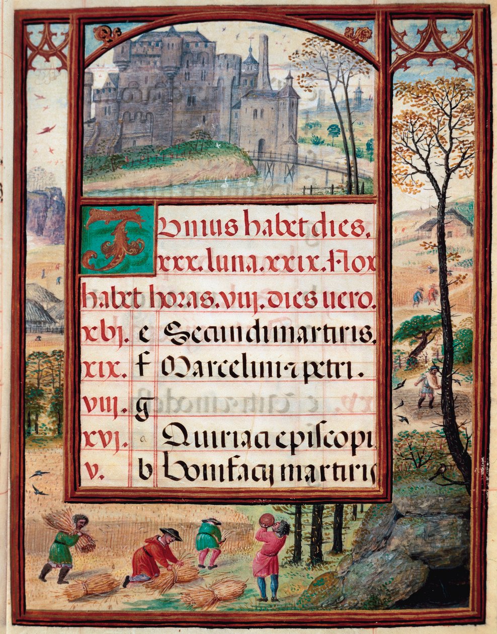 Kesäkuu: maisema ja sato. Talonpojat töissä. Sivu Portugalin Manuel I:n (1469-1521) käsikirjoituksesta "" Book of Hours" 1517. Lissabon, Museo di Arte Antica tekijältä Unknown artist