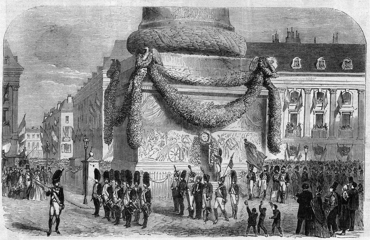 Kansallisjuhlan aamu 15. elokuuta 1864 Place Vendomen pylvään juurella Pariisissa. Kaiverrus "Maailmankaikkeudessa" tekijältä Unknown artist