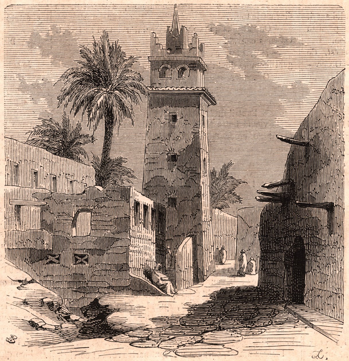 Moskeija vanhassa Biskrassa (Biskra) Algeriassa vuonna 1866 tekijältä Unknown