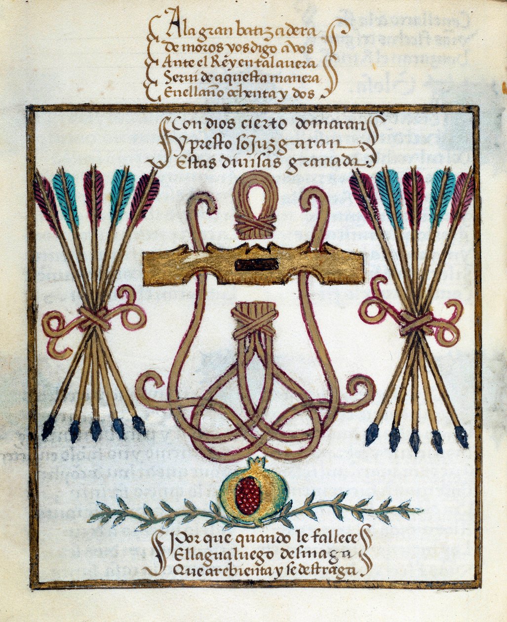 Katolisten kuninkaiden motto. Katolisten kuninkaiden tunnus. Miniatyyri Pedro Marcuellon teoksessa "Devotorio de la Reyna Da Juana, jota he kutsuivat La Locaksi" tekijältä Unknown artist