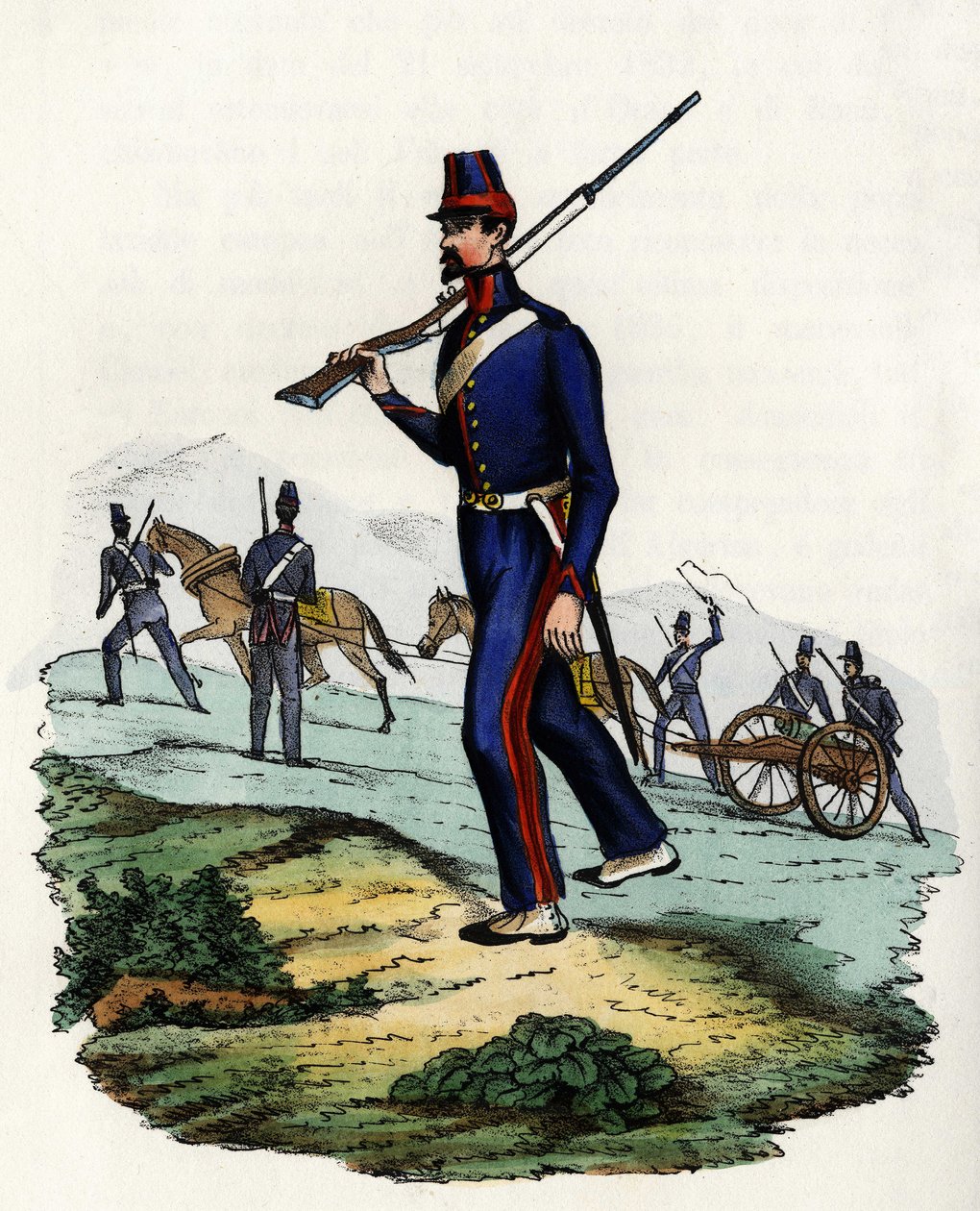 Ranskan Afrikan armeijan vuoristotykistöpataljoona Algeriassa vuonna 1830. Teoksessa ”” Storia d