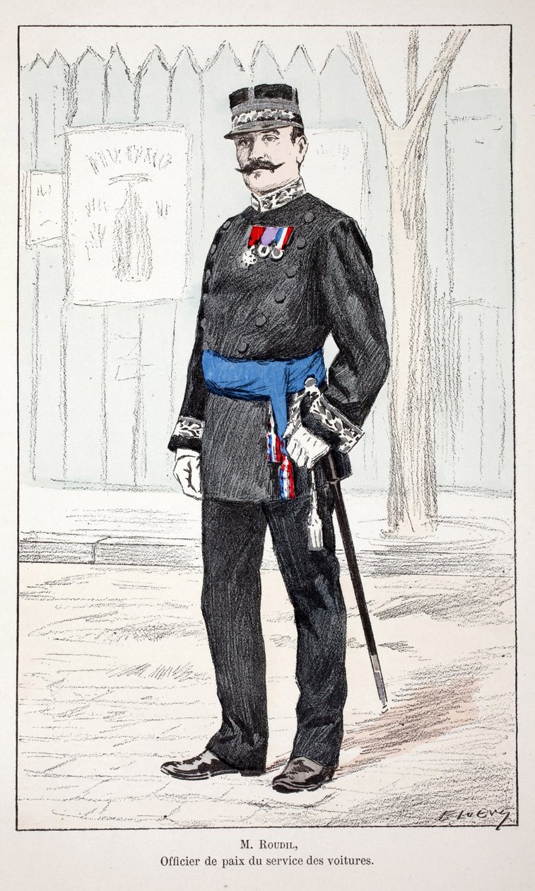 Mr. Roudil, rauhanupseeri autopalvelusta. Etsaus väreillä, havainnollistava "" Rauhanturvaajien joukkojen historia"" -kirja, Louis Lepinen (1846-1933) Seinen poliisin prefektin suojeluksessa, Alfred Rey (1864-?) ja Lo. tekijältä Unknown artist