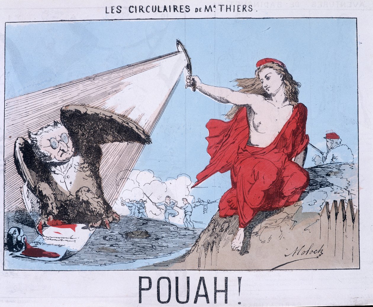 Mr. Thiersin lentolehtiset - Pouah! : Thiersin sarjakuva Pöllö ja Marianne (La commune) valaisee häntä. tekijältä Unknown artist