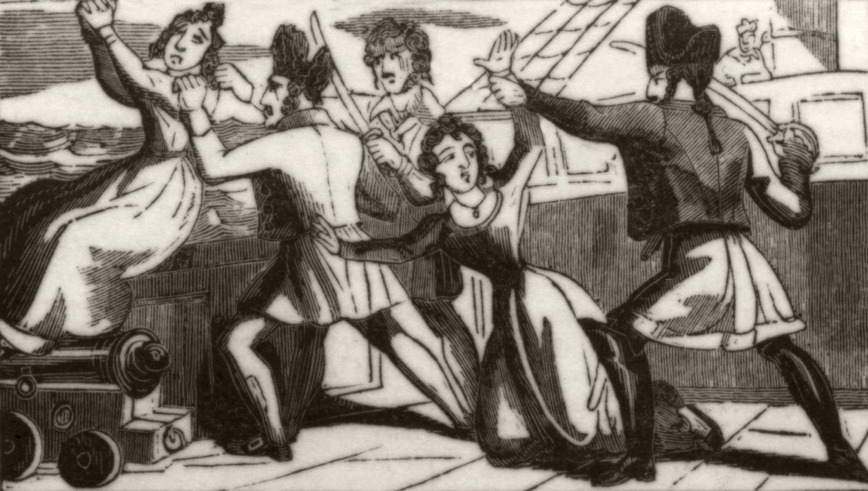 "Rouva Glass ja hänen tyttärensä rukoilevat merirosvoja pelastamaan henkensä", n. 1836 tekijältä Unknown artist