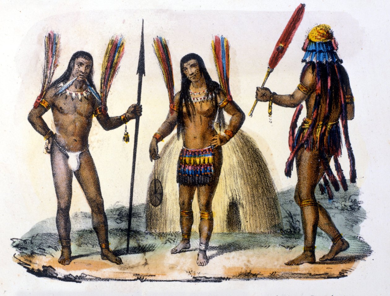 Mundrucu- ja Jivaros-intiaanit Ecuadorissa. Kaiverrus 1846-48. tekijältä Unknown artist