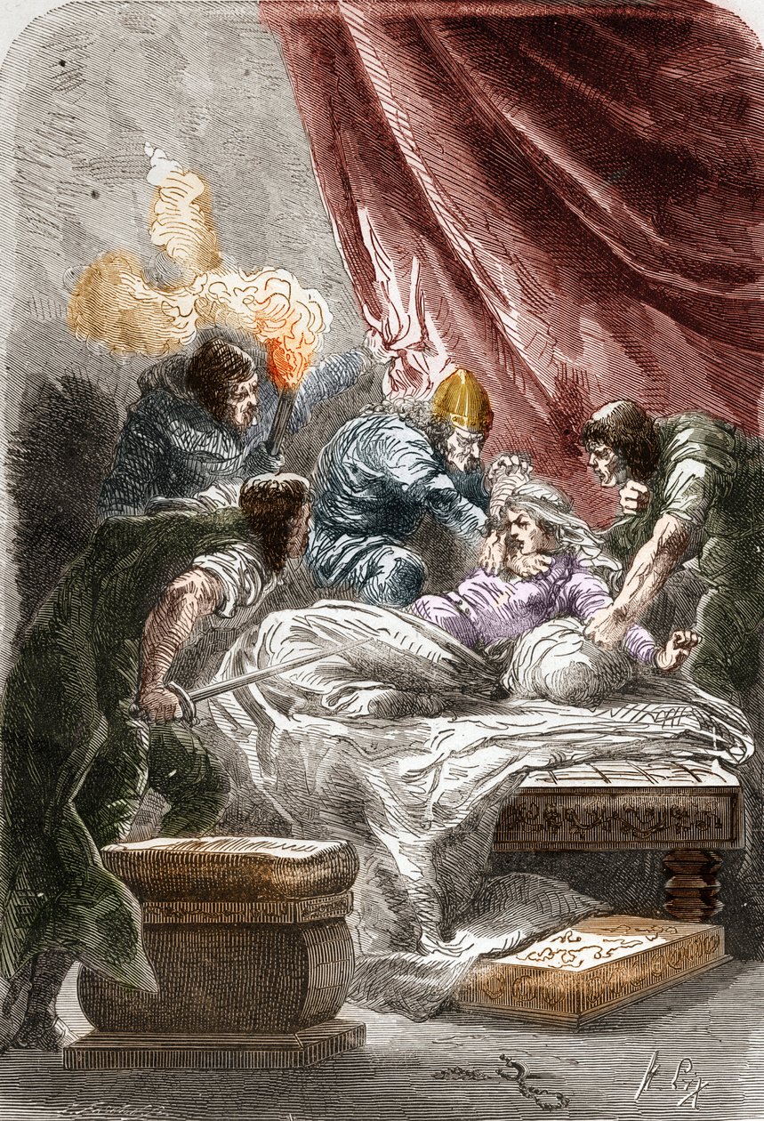 Galswinthen (Galsuinde) (Galsuinte) (n. 545 - 567), Neustrian frankkien kuningattaren, Chilperic I:n (frankkien kuninkaan) vaimo, murha. Kaiverrus Paul Lehugeurin Histoire De France En Centin maalauksiin 1891 tekijältä Unknown artist