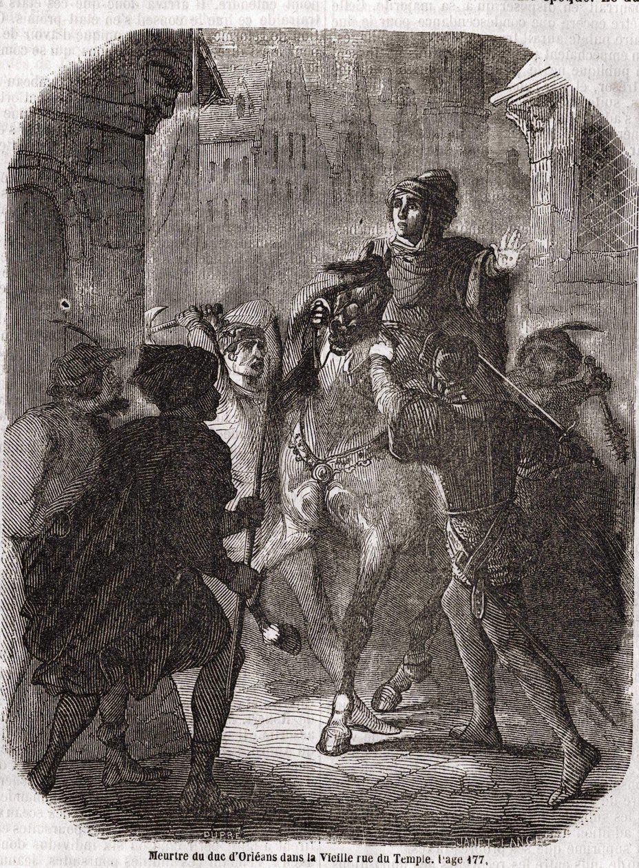Louis I of Valois, Orléansin herttuan (1372 - 1407) murha Old Rue du Temple, Jean Sans Ppeur - teoksessa "" Histoire de France", kirjoittaja L.-P. Anquetil tekijältä Unknown artist