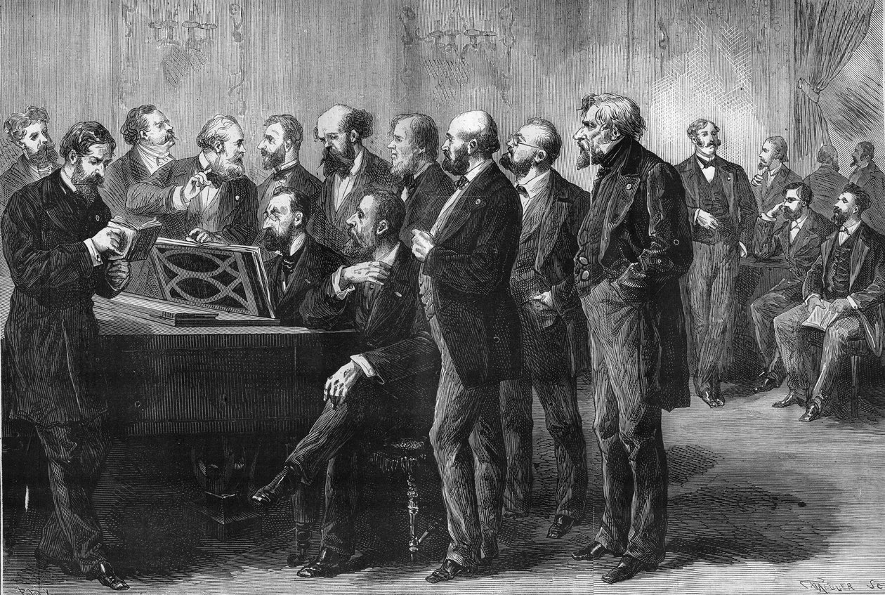 Pariisin kaupungin musiikkikilpailu 1878. Palais du Luxemburgin tuomaristo tutki kappaleiden "Pardis kadonnut" ja "Mug" partituurit. Vasemmalta oikealle: Pylväs, Perrin, Cherouvrier, Gounod, Boulanger, Camille Saint Saens (Saint-Saens), Lenepveu, vaucorbe tekijältä Unknown artist