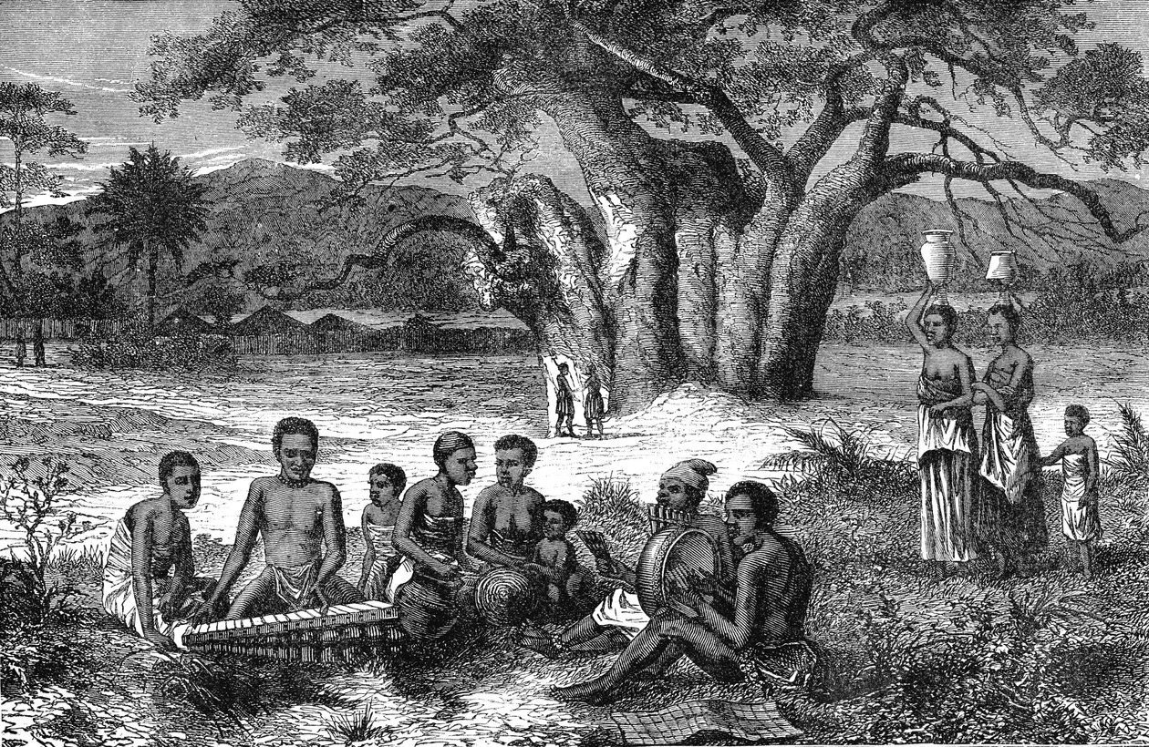 Muusikot Zambezi-joen rannoilta, Afrikasta. Kaiverrus 1885 tekijältä Unknown artist
