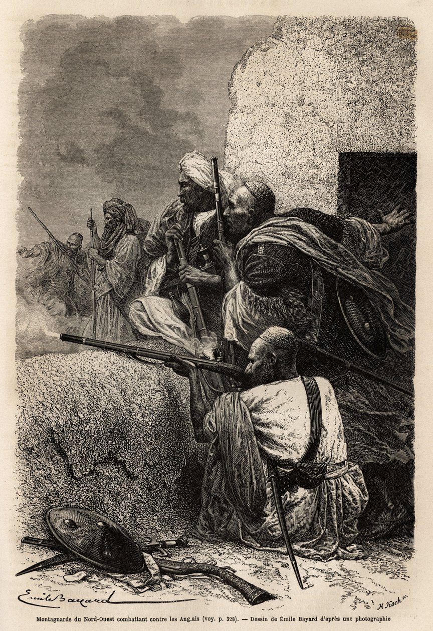 Muslimivuorikiipeilijät asettuivat uudelleen Svatin vuorille taistelemaan englantilaista retkikuntaa vastaan vuonna 1863 estääkseen alueen kylien ryöstelyn. Guillaume Lejeanin vuonna 1866 kirjoittama kaiverrus, joka havainnollistaa Pandjabin ja Kashmirin t tekijältä Unknown artist
