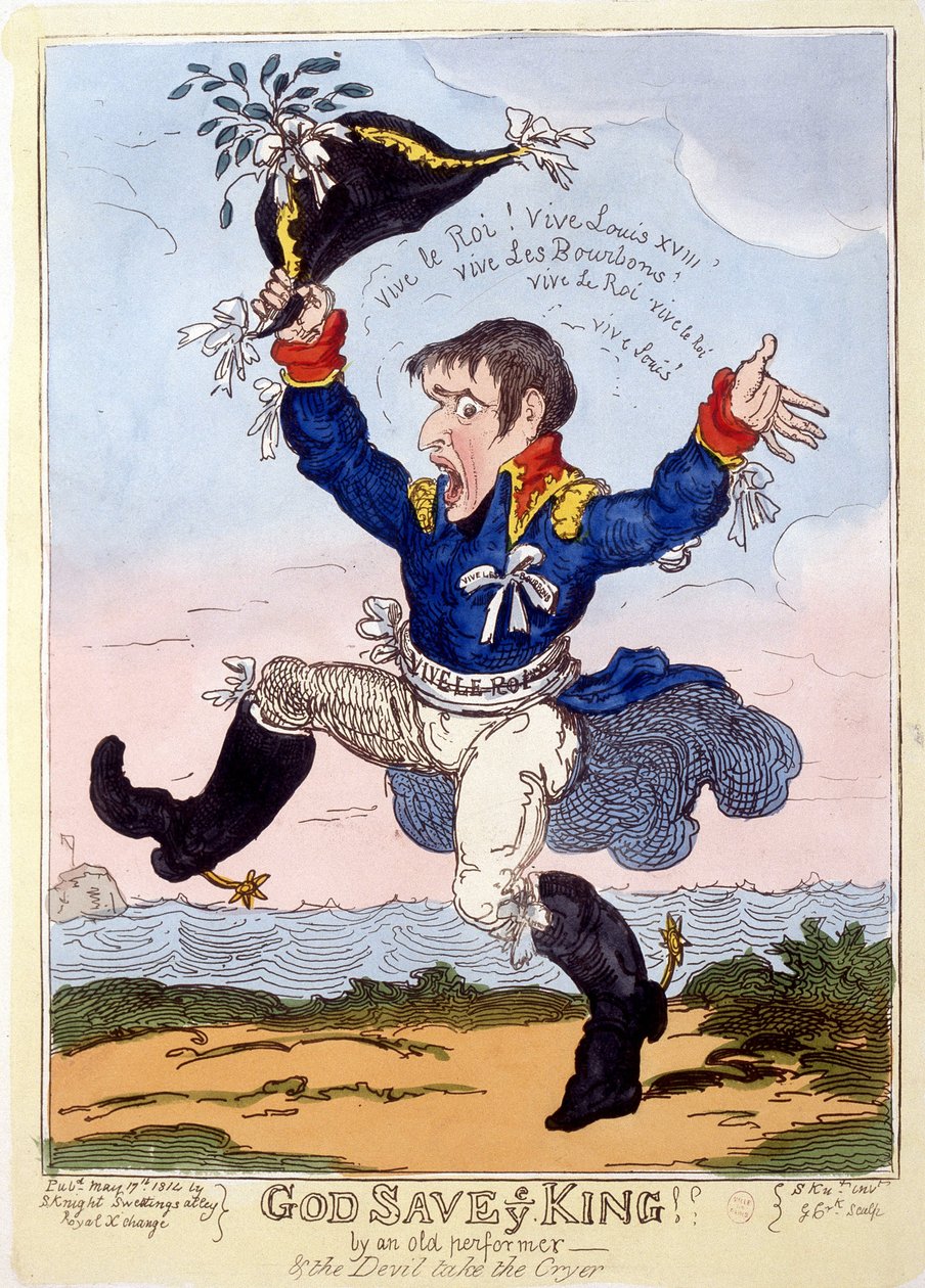 Napoleon 1er laulaa "" Vive le roi"" Ludvig XVIII:n tuloa varten - "" Napoleon 1er" -sarjassa, karikatyyrikokoelma tekijältä Unknown artist