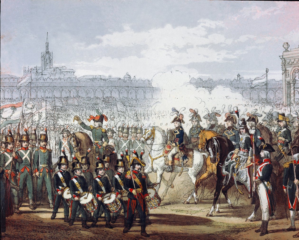 Napoleon Bonaparte (1769-1821) arvostelee miliisin Lombard- ja Cispadan-legioonaa 9.7.1797 akvarellikaiverruksella. Milano, Museo del Risorgimento tekijältä Unknown artist