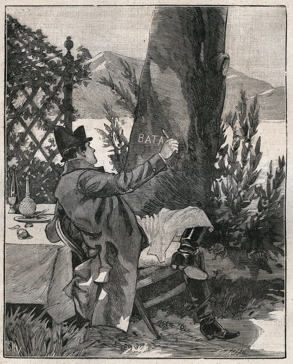 Napoleon Bonaparte (1769-1821) kirjoitti sanan "Battaglia" laakeripuun runkoon Isola Bellan saarella Maggiore-järvellä (Lago Maggiore), kolme päivää ennen Marengon taistelua vuonna 1800. Kaiverrus vuodelta 1885 kirjassa "" Les arts et metiers illustres” tekijältä Unknown artist