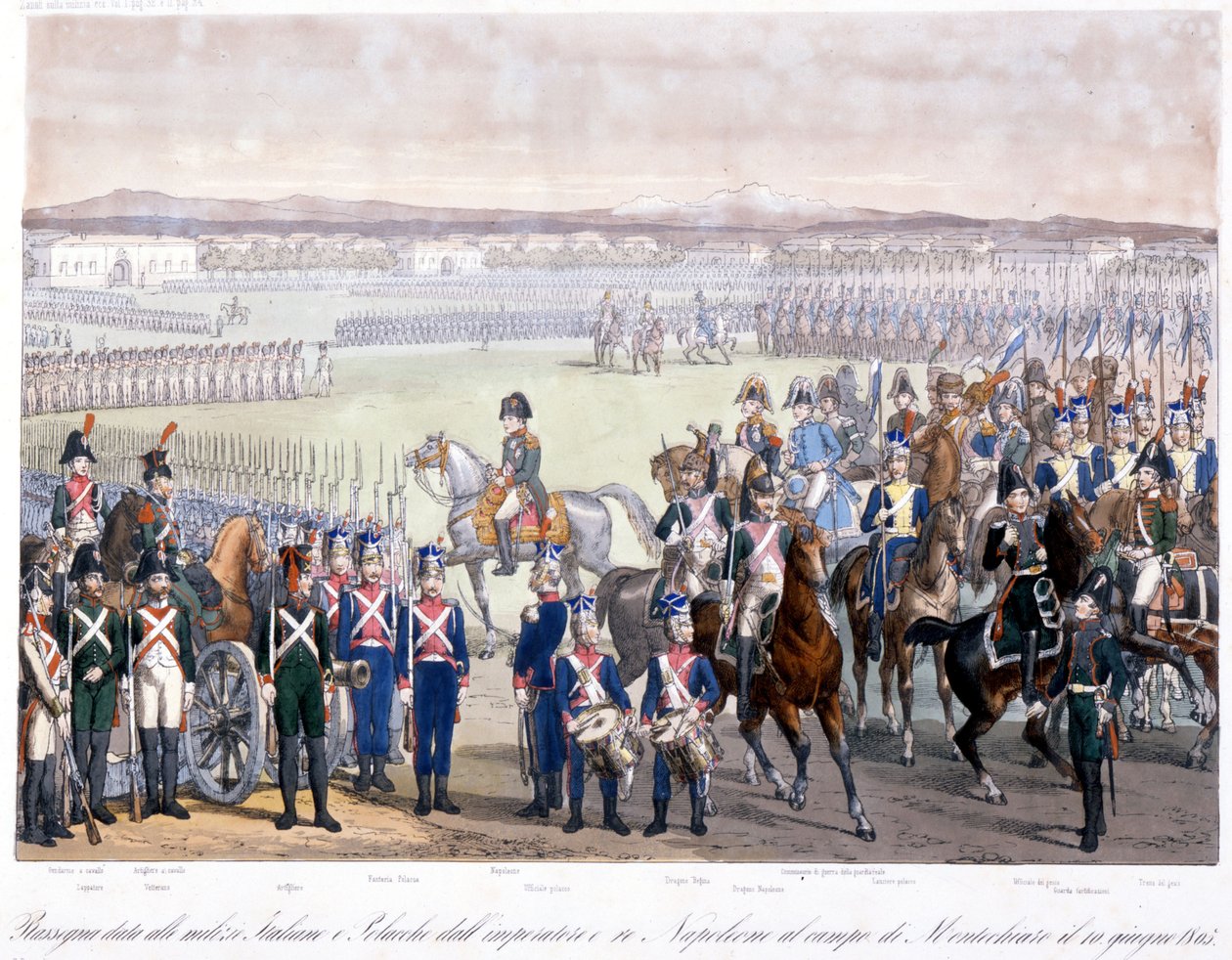 Napoleon Bonaparte arvioi Italian ja Puolan miliisin Montechiarossa vuonna 1805. Kaiverrus vuodelta 1845 tekijältä Unknown artist